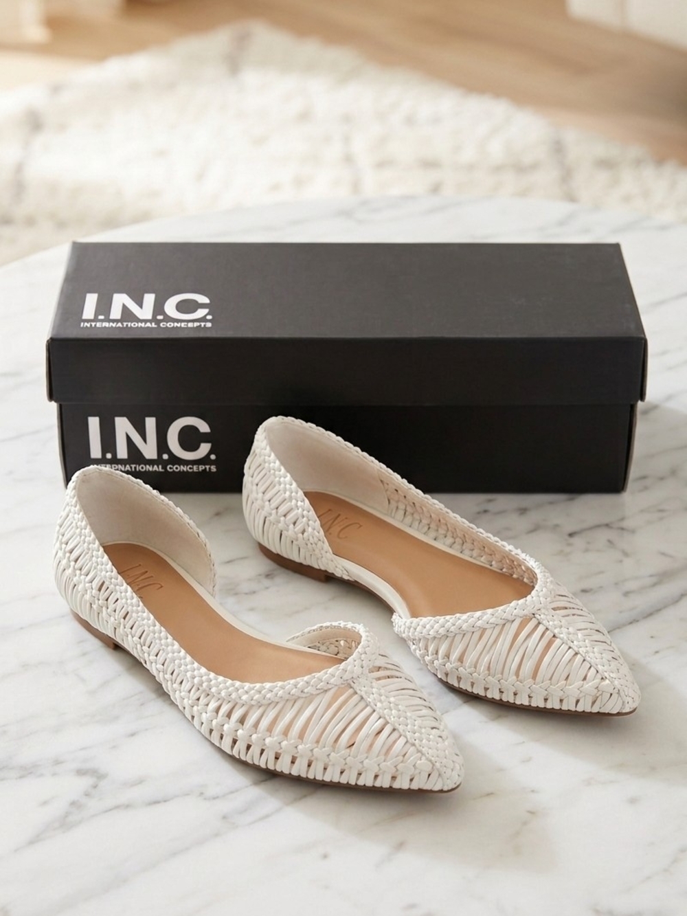 INC International Concepts Women's Cream Woven Pointed-Toe Flats